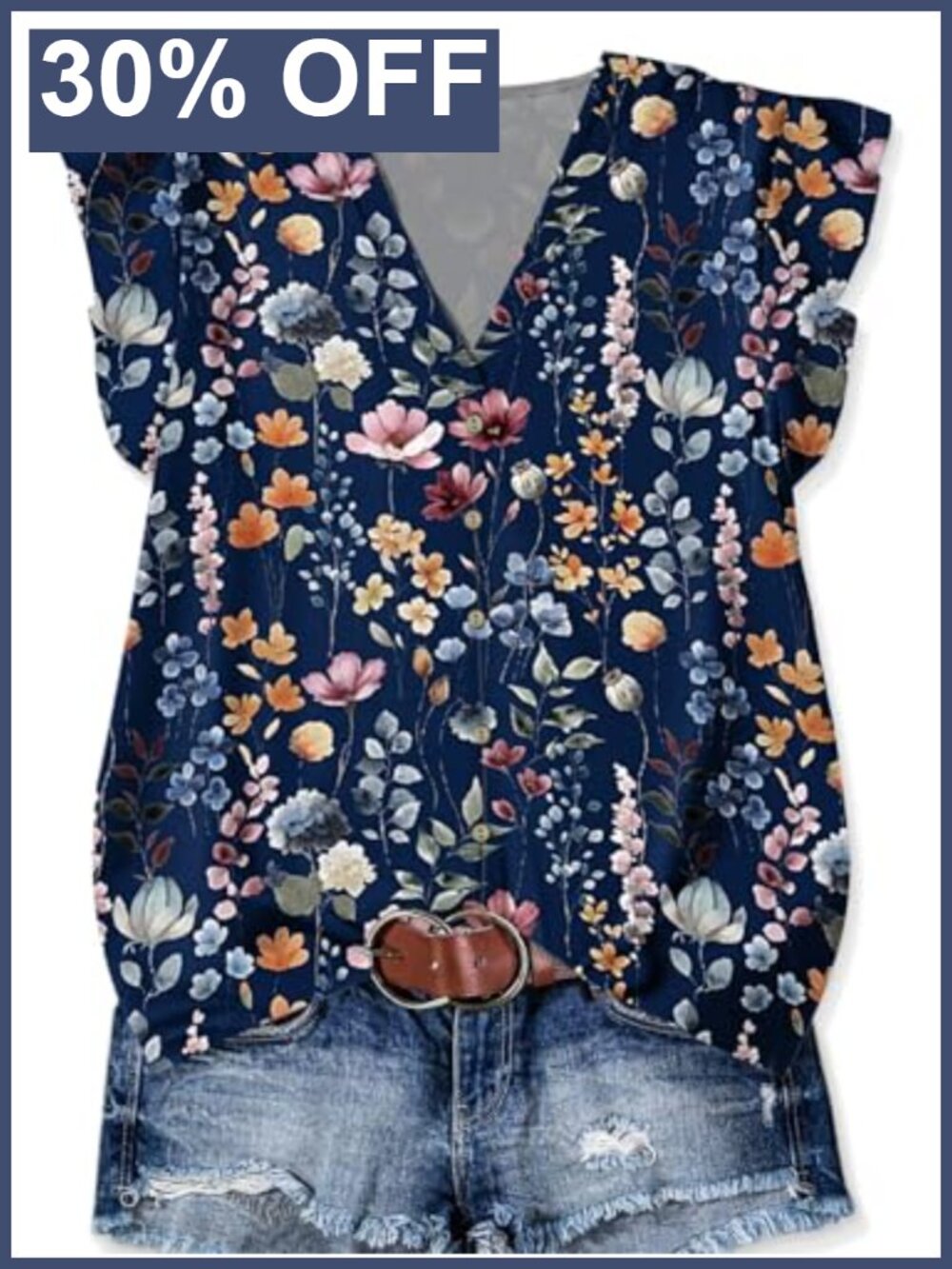 Womens V Neck Ruffle Sleeve Floral Tunic Blouse Button Down Top